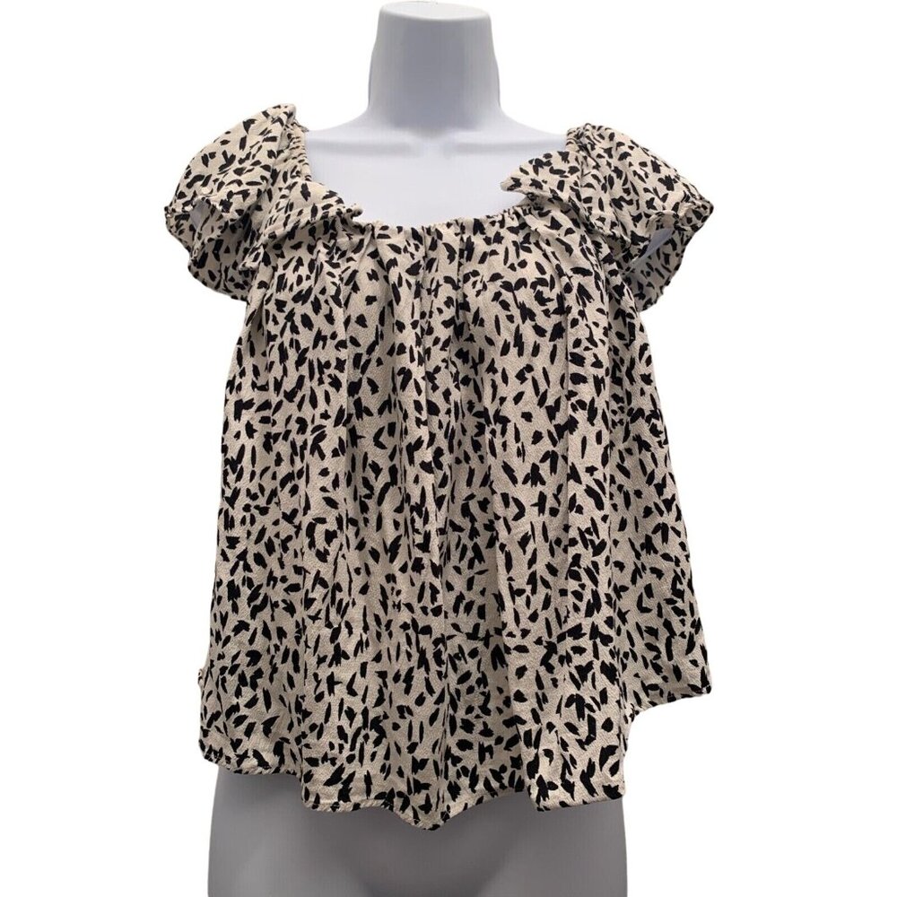 Line & Dot Women Blouse Sz M Black/White Spotted Modern Flutter Slv Off-Shoulder - Picture 2 of 8